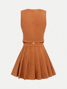SHEIN Girlism Conjunto de dos piezas retro para adolescentes con chaleco y falda plisada en color marrón