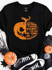 SHEIN LUNE Plus Size Halloween Pumpkin Head Doodle Print T-Shirt - Black - View 3