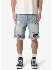 ROMWE MEN Shorts en jean Bermuda décontractés pour hommes avec décoration à clous, ourlet déchiré - Bleu azur - Voir 1