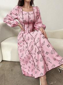 Modelyn 女士方领主教袖喇叭下摆长袖优雅连衣裙长款晚礼服 - 粉色 - 查看 6