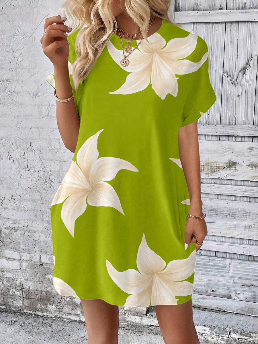 SHEIN Essnce Váy ngắn tay cổ tròn in họa tiết hoa lily cỡ lớn thường ngày cho nữ, mùa hè - trắng - Xem 1