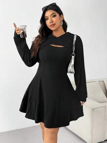 SHEIN EZwear Plus Size Black Chunky Ribbed Sweatshirt & Dress Set For Early Autumn