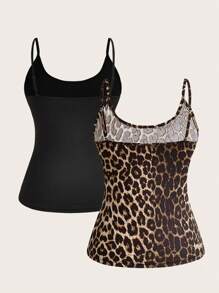 SHEIN EZwear 女士豹紋固色2件式緊身休閒背心上衣，適用於夏季 - 彩色 - 查看 2