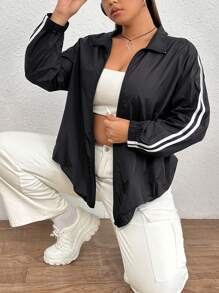 SHEIN CURVE+ 加肥側邊條紋拉鍊夾克 - 黑色 - 查看 4