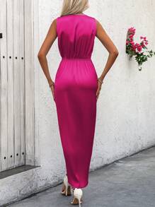 SHEIN Clasi Đầm không tay cổ chữ V xếp ly màu trơn mùa hè cho nữ mùa hè - Màu Hồng Tươi - Xem 2