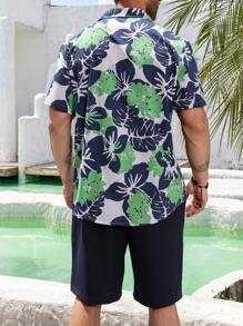 Genlund 大码男士热带植物印花短袖衬衫和短裤休闲度假套装 - 彩色 - 查看 2