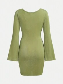 SHEIN Vestido casual verde olivo para adolescente con cuello cuadrado de punto de unicolor y manga con volantes - Verde - Ver 2