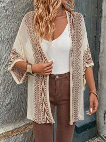 SHEIN LUNE Cardigan da donna in stile bohémien, con maniche a sbuffo, fantasia geometrica e contrasto di colori, top a maniche lunghe