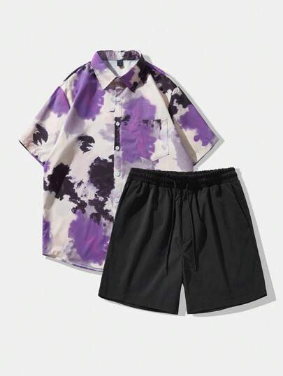 مجموعة قميص كاجوال بأكمام قصيرة مطبوع و شورت للرجال 2 قطعة، ربيع وصيف، مدرسة