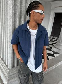 Manfinity Roghcode Manfinity Streetrush Men Solid Color Minimalist Casual Short Sleeve Shirt - Dark Grey - View 6