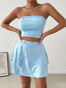 SHEIN X  Ignacia Antonia Calvaya Solid Color Strapless Top With Metal Decoration And Asymmetrical Hem Skirt Set