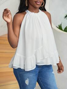 Slaydiva Top estilo dulce de playa holgado para vacaciones / citas / uso diario con dobladillo de volante y diseño de cuello halter, tela de gasa blanca - C