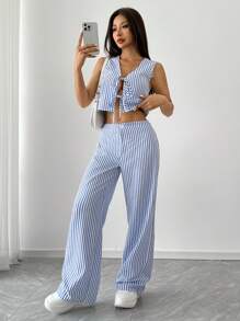 SHEIN Unity Women's Striped Sleeveless Top And Long Pants Set For Daily Wear - Blue and White - View 3