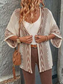 SHEIN LUNE Cardigan da donna in stile bohémien, con maniche a sbuffo, fantasia geometrica e contrasto di colori, top a maniche lunghe