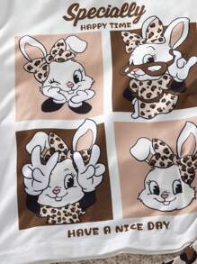 SHEIN Wildeya Young Girl Cute Hand-Drawn Rabbit Pattern Coral Short Sleeve T-Shirt And Leopard Print Knit Leggings Set , Suitable For Summer, Autumn And Winter, Both As Inner Wear And Daily Wear For School,Holiday,Summer,Travel