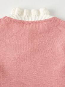 Baby Girls' Pink Casual Simple Elegant  Ruffle Bow Sweater Dress, Displaying An Elegant,  And Cute Design Style With A Simple And Sophisticated Silhouette. The Pink Tone Creates A Sweet And Warm Atmosphere, Suitable For Baby Girls To Wear. The Ruffle Edge And Bow Design Add A  And Playful Element To The Overall Look, Showcasing The Purity And Cuteness Of The Little Girl. The Sweater Fabric Is Warm And Comfortable, Suitable For Wearing In The Autumn And Winter Seasons. The Dress Design Is Simple And Generous, Easy To Put On And Take Off, Suitable For Daily Wear. This Dress Pays Attention To Details, Reflecting Exquisite Craftsmanship And Quality Assurance. Whether At Home Or Out And About, This Pink Sweater Dress Can Showcase The Elegance And Cuteness Of The Baby. The Simple Yet Elegant Style Is A Fashionable Item To Showcase The Charm Of The Little Girl, Creating A Warm And  Atmosphere When Worn. - Pink - View 5