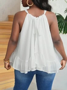 Slaydiva Top estilo dulce de playa holgado para vacaciones / citas / uso diario con dobladillo de volante y diseño de cuello halter, tela de gasa blanca - C