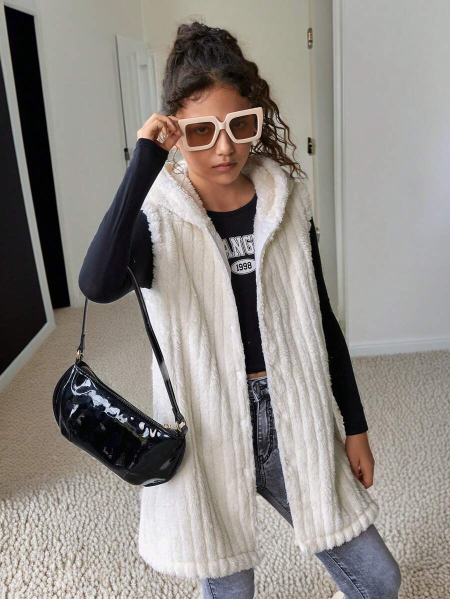 SHEIN Explorewe Tween Girls' Solid Color Simple Sleeveless Hooded Jacket, Daily Wear - Apricot - View 1