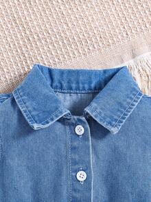 SHEIN Body avec manches courtes en dentelle blanche et col chemise pour bébé fille, en jean bleu - Jean clair - Voir 4