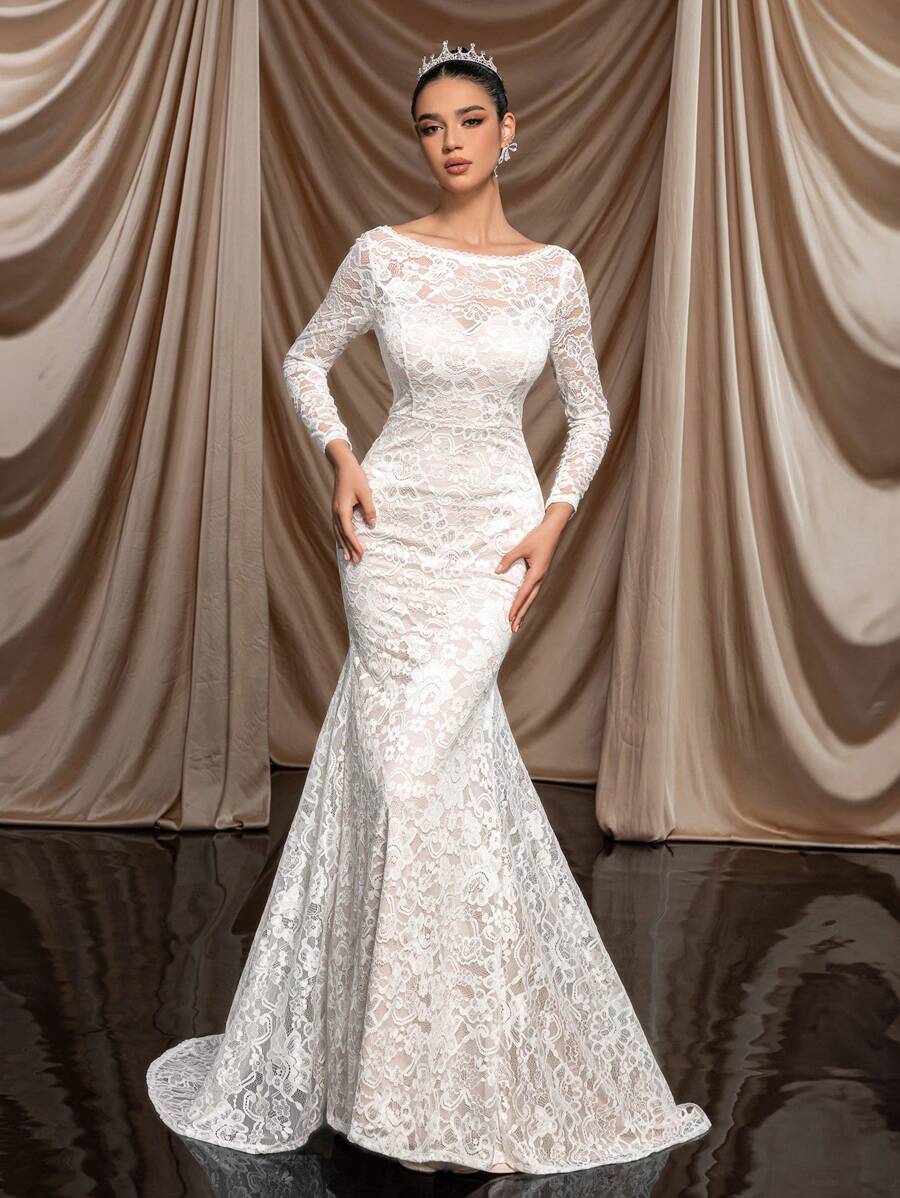 SHEIN Belle 优雅华丽的白色/香槟色拼接透视长袖扇形弹力蕾丝性感透视后背美人鱼风格下摆超长婚纱适合新娘、节日、派对、假期和毕业季 - 白色 - 查看 1