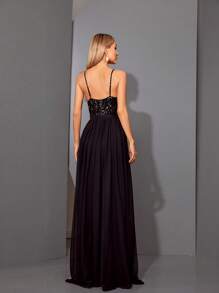 女士深V领亮片拼接雪纺高开衩A字晚礼服长裙派对礼服婚礼宾客礼服正式礼服春假长裙 - 黑色 - 查看 2