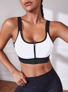 Easithlete Contrast Color Splice Front Zipper Sports Bra - Multicolor - View 3