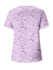 PopScrub Damen Cartoon Einhorn Muster V-Ausschnitt Kurzarm Lässig Top, Schrubb Shirts - Mauve - Übersicht 2