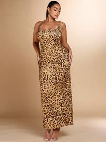 SHEIN BAE 大尺碼女性優雅豹紋連身裙，緊身彈性針織無袖背心連身裙，適用於夏季假期和性感約會 - 彩色 - 查看 3