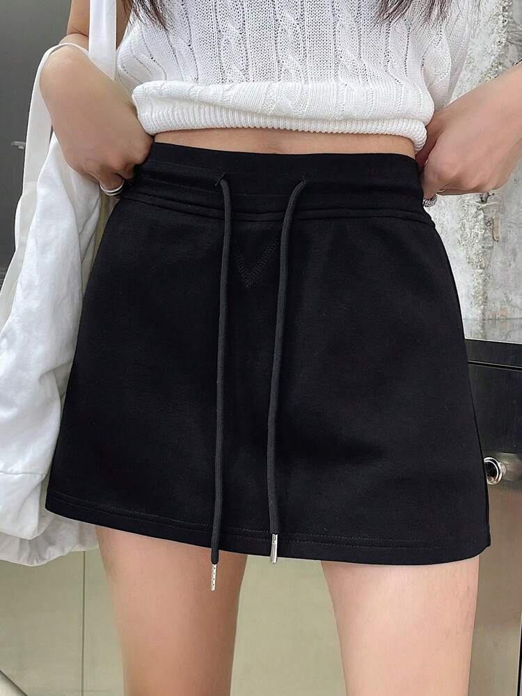 Women's Solid Color Drawstring Waist Straight Casual Black Skirt,Pencil Skirt