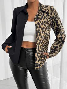 Allurite 女士豹纹纯色拼接长袖衬衫女士衬衫、长袖上衣