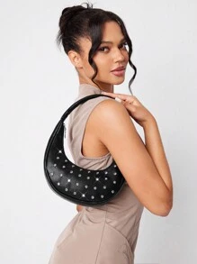 SHEIN SXY LADIES, WOMEN Shoulder Bag, HOBO BAG Fashionable, Street, Cool, Individual, Simple, Black, Rhinestone, Y2k Bag, 2000s Fashion Style, Gothic Punk Bag For Women