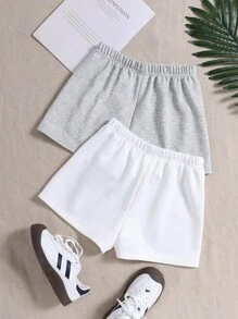 2pcs Tween Girls' Casual Solid Color Knitted Wide Leg Shorts For Daily Wear