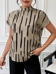 SHEIN Essnce Women's Summer Batwing Short Sleeve Casual Shirt With Line Print And Stand Collar - Khaki - View 7