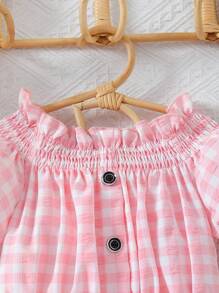 Young Girl Plaid Puff Sleeve Top And Ripped Denim Shorts Set, School, Campus, College - Pink - View 3