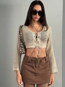 Aveloria Affinna Short Hollow Out Knitted Lace Up Sweater With Tie, Y2K Style, Fall Winter - Coffee Brown - View 2