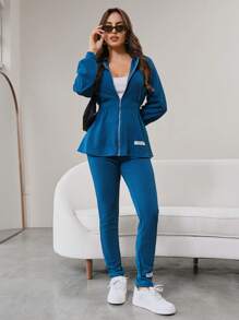 Mulvari Letter Patched Zip Up Hoodie & Leggings 2 Pieces Set - Green - View 5