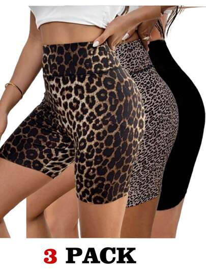 SHEIN Essnce Women Summer 3 Packs Leopard And Black Fitness Shorts High Waist Hip Lifting Yoga Seamless Booty Shorts For Gym And Cycling Back To School Clothes Teacher Clothes