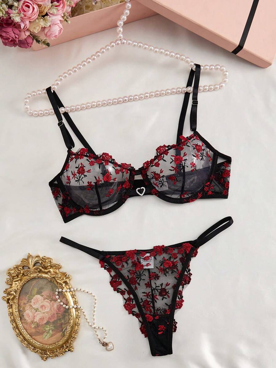 QuietHaus 2pcs Women's Heart Shaped Rhinestone Decorated Embroidered Sexy Lingerie Set - Black - View 1