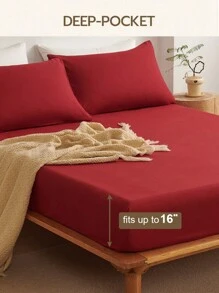 三件套纯色酒红色床笠套装，采用超细纤维面料，包含1个床笠和2个枕套（不含枕芯），现代柔软的床上用品套装，适合居家、宿舍、返校季使用，深口袋设计，适用于厚度达16英寸的床垫。 - 酒紅色 - 查看 4