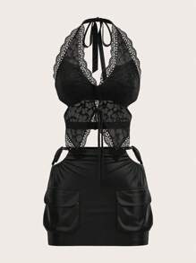 SHEIN X KeniaOs SHEIN ICON 2pcs Y2K Women Set: Black Lace Patchwork Floral Print Halter Crop Top And Low-Waist Cargo Skirt