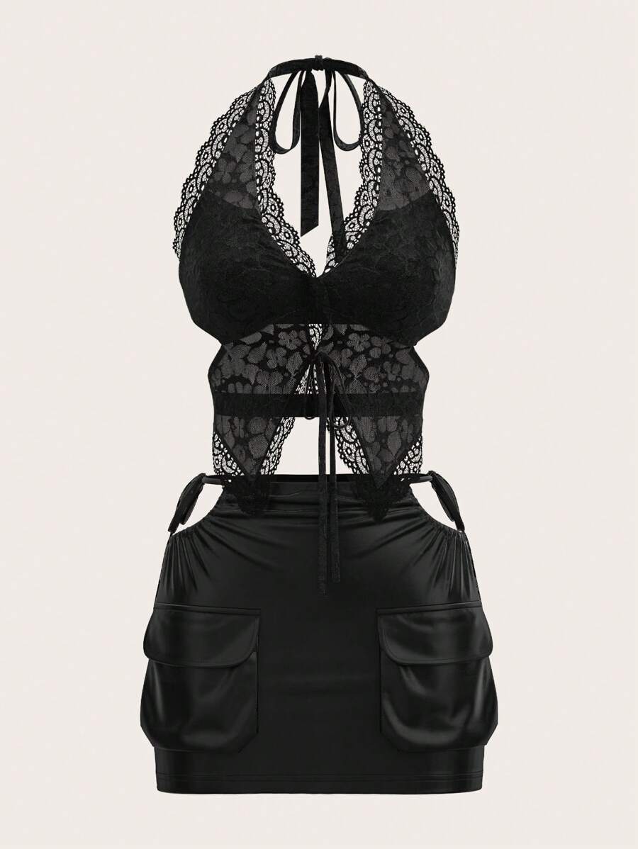 SHEIN X KeniaOs SHEIN ICON 2pcs Y2K Women Set: Black Lace Patchwork Floral Print Halter Crop Top And Low-Waist Cargo Skirt
