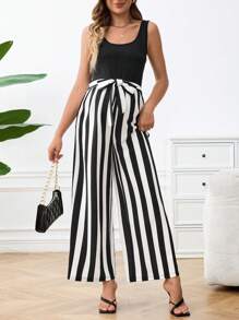 SHEIN 2pcs Maternity Set: Solid Color Adjustable Strap Tank Top & Striped Belted Wide Leg Pants - Black and White - View 4