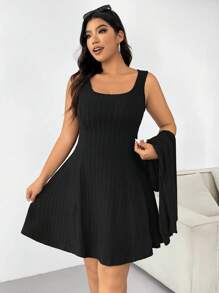 SHEIN EZwear Plus Size Black Chunky Ribbed Sweatshirt & Dress Set For Early Autumn