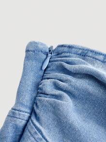 SHEIN MOD Women's Vintage Sweet Blue Denim Shirt With Bow-Knot Decoration And Elasticity,Corset Top,Going Out Tops,Back To School Tops,Cute Tops,Off The Shoulder Tops,Light Blue Tops,Tight Tops,Bow Tops,Fitted Tops