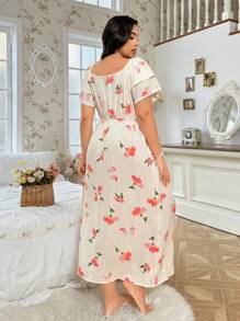 Plus Size Lace Patchwork Double Layer Ruffle Short Sleeve Floral Printed Nightgown Long Dress - Multicolor - View 2