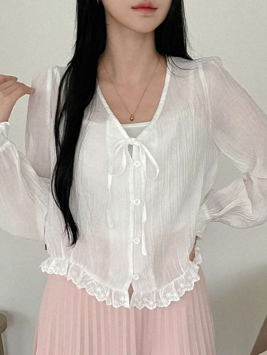 DAZY Áo sơ mi nữ thường ngày mới cho mùa thu, áo dài tay bèo nhún - trắng - Xem 1