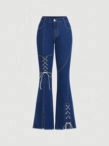 SHEIN MOD Lace Up Front Flare Leg Jeans - Dark Wash - View 1