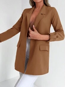 EURMUSE Lapel Neck Flap Detail Open Front Blazer - Orange - View 6