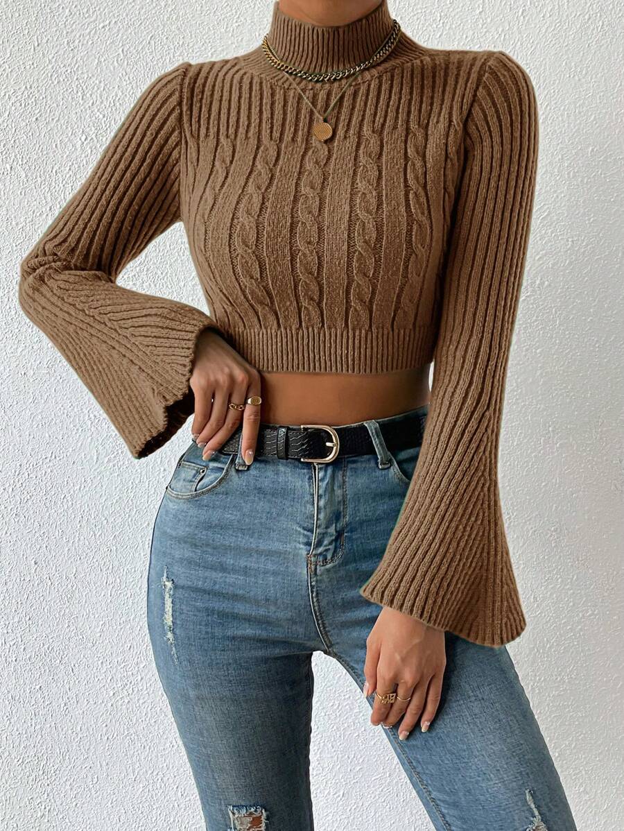EURMUSE Stand Collar Cropped Flared Sleeve Sweater - Brown - View 1