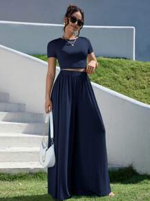 SHEIN Essnce Conjunto de dos piezas de verano - Azul Marino - Ver 2